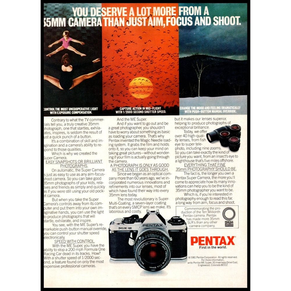 1981 Pentax ME Super SLR Film Camera Vintage Print Ad Gymnastics Wall Art Photo